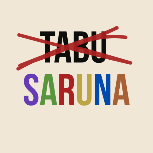 Uzraksts "TABU Saruna", vārds TABU nosvītrots ar divām svītrām. vārdam "SARUNA" burtu ir dažādās krāsās.