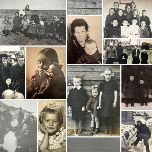 Sibīrijā dzimu&scaron;o bērnu un viņu ģimeņu fotogrāfiju kolāža