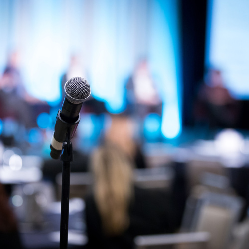 Priek&scaron;plānā redzams mikrofons, bet fonā ir izplūdis attēls ar neskaidri saskatāmiem diskusijas dalībniekiem.