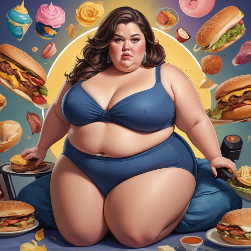 Sieviete zilā apak&scaron;veļā sēž uz spilvena, apkārt peld hamburgeri, konditorejas izstrādājumi un citi pārtikas produkti uz krāsaina fona.