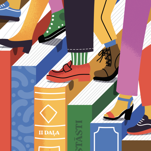 Ilustrācija, kurā redzamas dažādu cilvēku kājas un apavi, kas kāpj pa grāmatām kā pa kāpnēm. Katram cilvēkam ir at&scaron;ķirīgs apavu un apģērba stils un grāmatu muguriņas ir dažādās krāsās ar tekstiem, piemēram, "II DAĻA" un "STĀSTI". Attēls simbolizē izaugsmi, mācī&scaron;anos vai ceļu uz zinā&scaron;anām caur grāmatām.