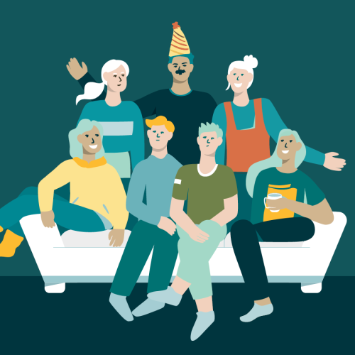 Grafiskā zīmējumā četri cilvēki cie&scaron;i sēž baltā dīvānā, aiz dīvāna stāv 3 cilvēki