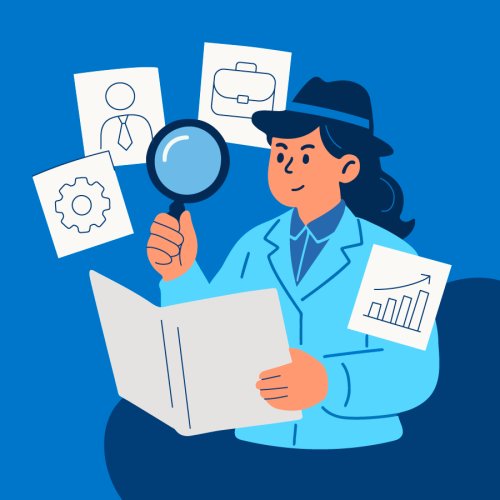 Ilustrācija ar sievieti zilā kostīmā un cepurē, kura tur palielināmo stiklu un dokumentu; apkārt redzami ikonu attēli &ndash; portfelis, cilvēks, zobrats un augo&scaron;s stabiņu grafiks, simbolizējot karjeras izpēti un darbaspēka attīstību.