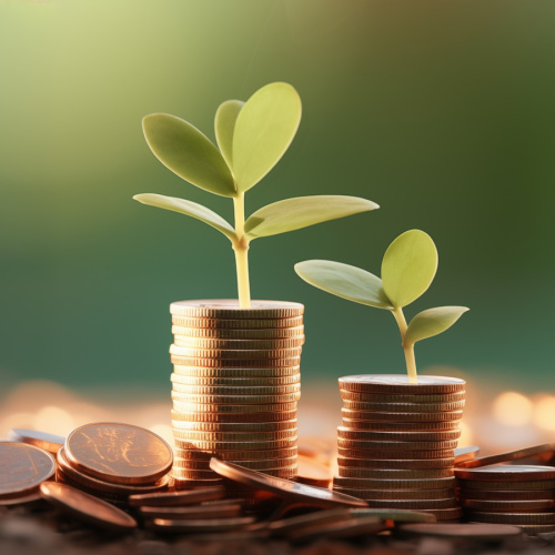 Divi augu dīksti uz naudas monētu kaudzītēm.