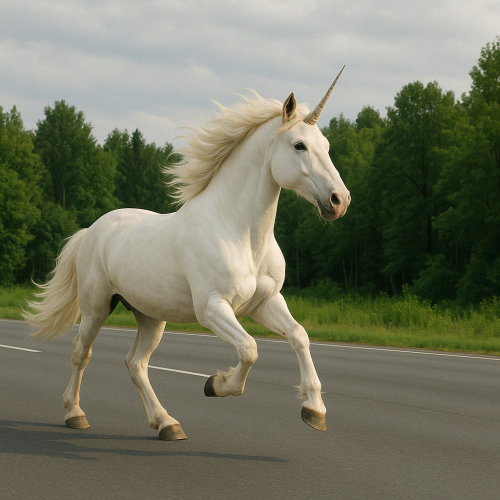 Ilustratīvs attēls, kur vienradzis skrien pa &scaron;oseju. Ceļ&scaron; atrodas meža malā. Par vienradzi jeb vienradža uzņēmumu biznesā ir pieņemts dēvēt tādu uzņēmumu, kura vērtība pārsniedz 1 miljardu dolāru.