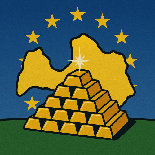 Dzeltena Latvijas teritorijas kontūra uz Eiropas Savienības karoga fona. Attēla apak&scaron;ējā daļā ir dzelteni zelta stieņi, kas sakrauti piecās rindās.