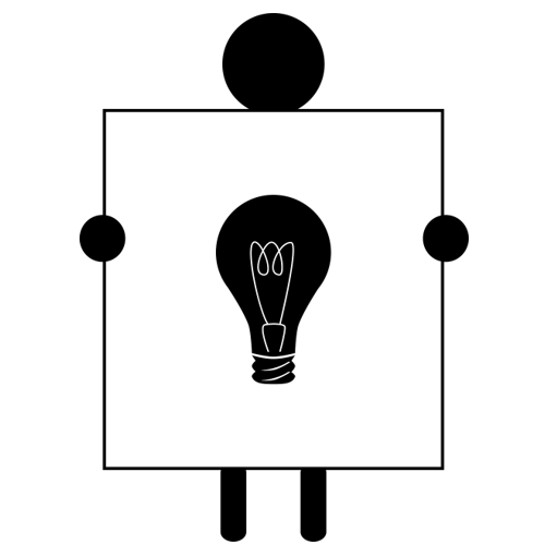 Grafiks cilvēks tur rokā plakātu uz kura attēlota spuldze.