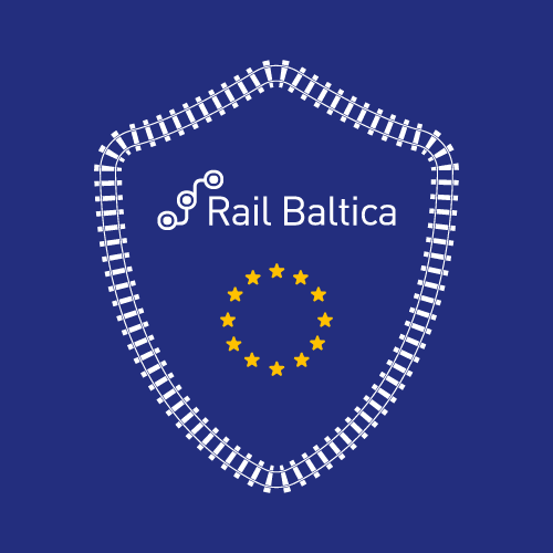 Attēls ar no sliedēm veidotu vairogu, kura centrā atrodas Eiropas Savienības zvaigznes un Rail Baltica logo