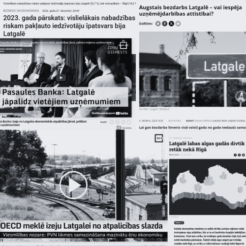 Kolāža ar mediju virsrakstiem un ilustrācijām par Latgales reģiona sociālekonomiskajiem izaicinājumiem &mdash; augstu bezdarbu, zemām algām un nepiecie&scaron;amību stiprināt uzņēmējdarbību.