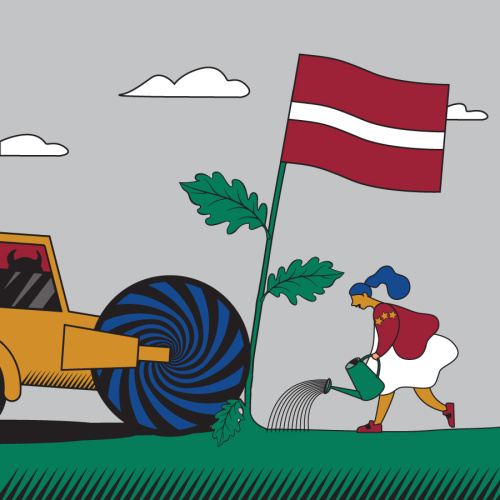 Vidū aug ozols, kam galā plīvo Latvijas karogs. No vienas puses meitene to laista ar lejkannu, lai tas zaļo un aug. No otras puses tam virsū brauc buldozers.