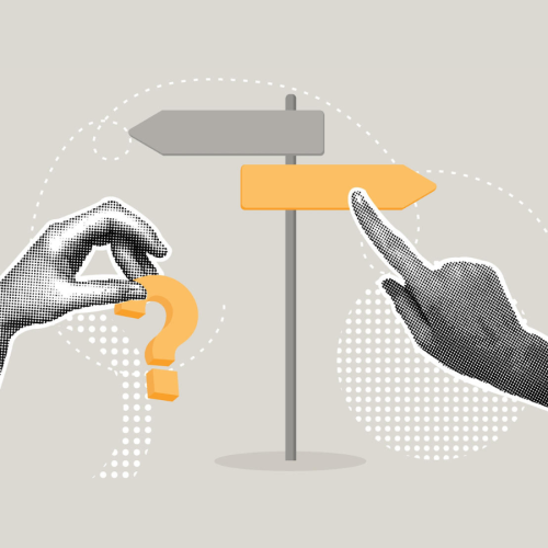 Kolāža, kurā attēlots virziena rādītājs, kas rāda pa labi un pa kreisi, un divas rokas. Viena roka tur jautājuma zīmi, otra norāda uz ceļazīmi.