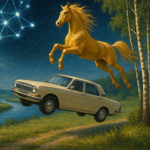 Attēls ģenerēts ar OpenAI ChatGPT (DALL&middot;E), krāsaina bilde, attēlā Streiča baltais limuzīns, Raiņa zelta zirgs uz Purvī&scaron;a bērzu birztaliņas ainavas fona