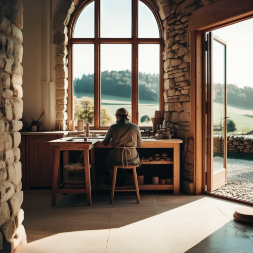 Mākslinieks-amatnieks darbojas savā darbnīcā pie galda, ar skatu caur logu un vaļējām durvīm uz Vidzemes kalnaino ainavu ar pļavu un mežu tālumā.