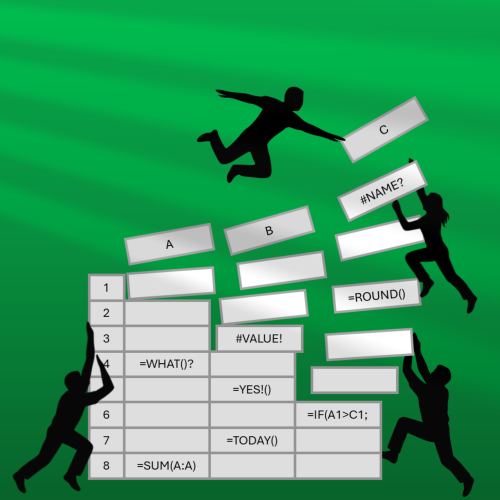 Tum&scaron;i cilvēku silueti karājas, kāpj un krīt ap izbiru&scaron;u Excel tabulu, kuras &scaron;ūnas ir izkaisītas pa zaļu fonu. Dažās &scaron;ūnās redzamas formulas un kļūdu ziņojumi. Attēls simboliski ataino cīņu ar datiem, formulu haosu un mēģinājumu noturēties tabulas struktūrā.