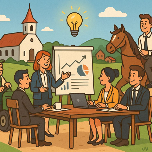 Četri lieti&scaron;ķā apģērba stilā tērpu&scaron;ies cilvēki apspriež uzņēmuma izaugsmes rādītājus, kas prezentācijas lapā iekļautajās vizualizācijās apzīmēti ar aug&scaron;upvērstu bultu. Viņus novēro kungs, visticamāk, vietējais iedzīvotājs, braukdams ar traktoru, kā arī kāds cits, arī lieti&scaron;ķi tērpts vīrietis zirga mugurā. Visi atrodas ārā, iespējam, pļavā. Fonā redzama baznīca. Virs prezentācijas, ko aplūko visi klāteso&scaron;ie, mirdz dzeltena spuldze.