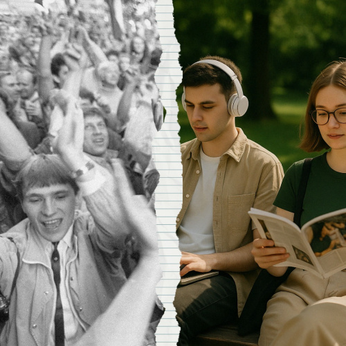 Kreisajā pusē cilvēku pūlis 1990.gada 4.maijā. Priek&scaron;plānā jauni cilvēki smaida, gavilē un applaudē, pacēlu&scaron;i gaisā rokas. Labajā pusē mākslīgā intelekta ģenerēts attēls ar jaunie&scaron;iem, kuri sēž parkā uz soliņa. Puisis strādā ar datoru, meitene lasa grāmatu.