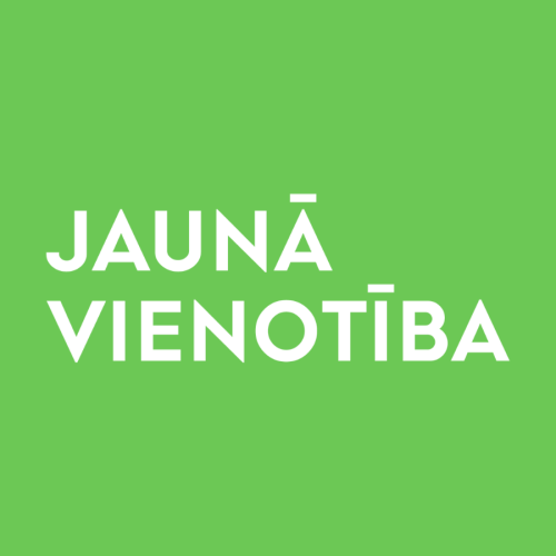 Triju krāsu (zaļa, zila un gai&scaron;i zaļa) savīta virtene, apak&scaron;ā uzraksts JAUNĀ VIENOTĪBA.