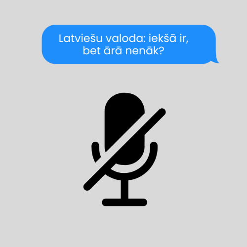 Centrā izslēgta mikrofona ikona uz gai&scaron;i pelēka fona, virs tā sarunas nosaukums zilā SMS ziņas burbulī.