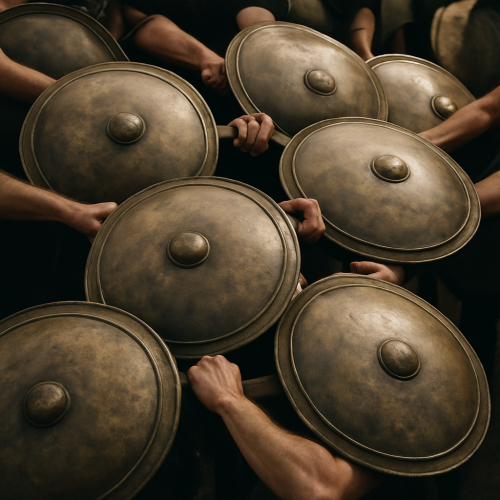 Cie&scaron;i kopā stāvo&scaron;u cilvēku rokas tur apaļus, antīkā stila vairogus veidojumā, radot vienotas aizsardzības un saliedētības sajūtu. Attēls simbolizē kolektīvu spēku, gatavību un vienotību, kas nepiecie&scaron;ama sabiedrības dro&scaron;ības nodro&scaron;inā&scaron;anai.

MI ģenerēts attēls