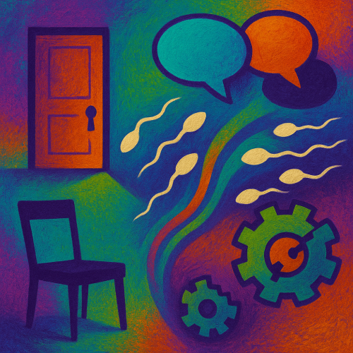 Ar ChatGPT veidots abstrakts simbolisks attēls spilgtās krāsās. Attēlā redzamas durvis, krēsls, zobrati un spermatozoīdi, kā arī divi sarunu burbuļu simboli.