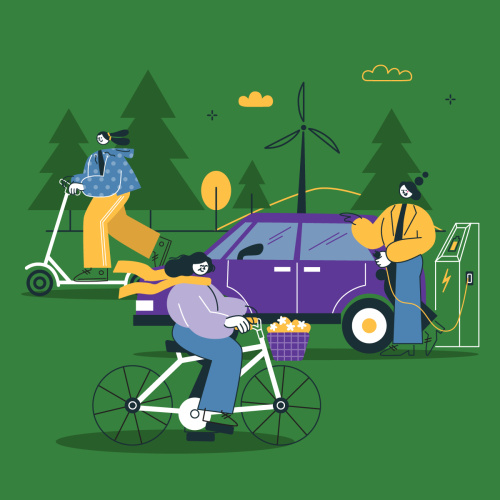 Grafisks attēls ar elektroauto uzlādi, fonā vēja ģenerators, mākoņi, meitene, kura stāv pie uzlādes.