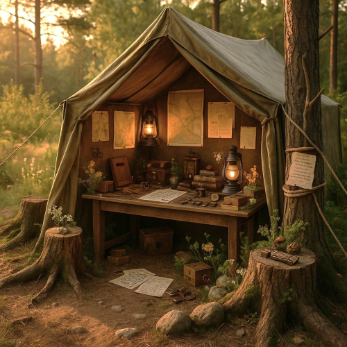 Attēlā redzama senīga telts, kura atrodas mežā. Telts durvis ir atvērtas un tajā redzams galds, uz kura stāv lampa, vairākas grāmatas un aprakstītas lapas. Pie telts sienas izvietotas kartes un citi informatīvi materiāli.