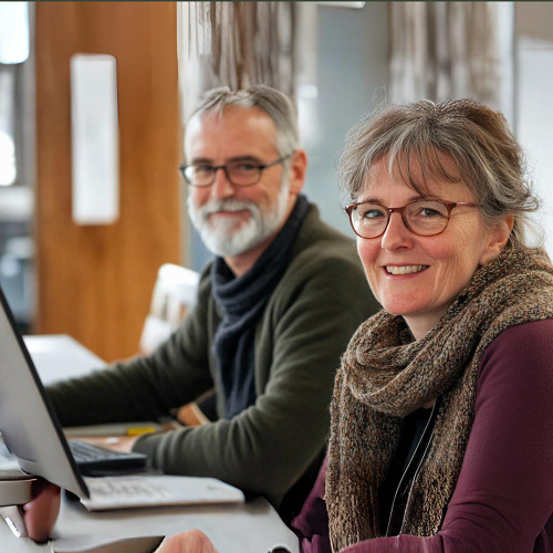 Attēlā redzams vīrietis un sieviete 50+ pie galda. Uz galda dators.