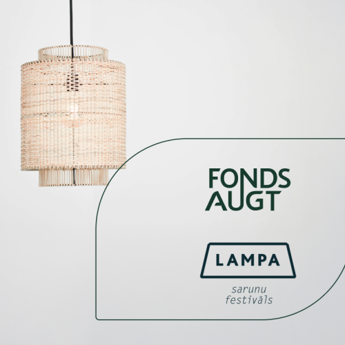 Fonds AUGT un festivāla LAMPA logo kopā ar pītu lampas abažūru