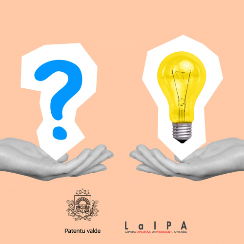 Attēlā redzams informatīvs plakāts. Fons ir gai&scaron;i persiku krāsā. Kreisajā pusē ir liels zilas krāsas jautājuma zīmes simbols, bet labajā pusē &ndash; spilgti dzeltena spuldze kā idejas simbols. Zem teksta attēlotas divas atvērtas rokas, kas simboliski tur &scaron;os elementus. Apak&scaron;ā atrodas divu organizāciju logotipi &ndash; Latvijas Republikas Patentu valde un LaIPA (Latvijas Izpildītāju un producentu apvienība). Attēls vizualizē diskusiju par intelektuālā īpa&scaron;uma nozīmi un vērtību.