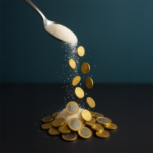 Cukurs birst no metāla karotes un pārvēr&scaron;as eiro monētās, krājoties kaudzē.