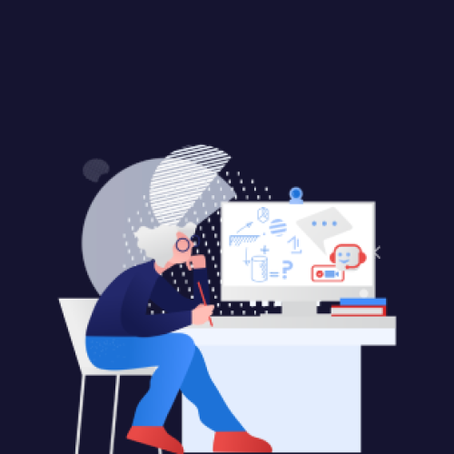 Bildē ir attēlota sieviete, kas sēž pie datora, kur ir redzamas dažādas ikonas un ekrāna, tai skaitā, mākslīgā intelekta robotiņ&scaron;.