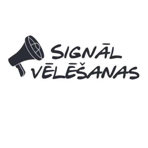 Projekta Signālvēlē&scaron;anas logotips. Ietver projekta nosaukumu un skaļruņa simbolu. Simboliskā nozīme - mudināt skaļāk izskanēt 16, 17 gadus vecu jaunie&scaron;u balsij, piedaloties vēlē&scaron;anās.