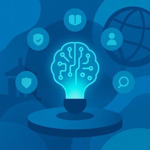Abstrakta vektorgrafika zilos toņos: centrā spīdīga MI &ldquo;smadzeņu&rdquo; forma kā lukturis ar circuit‑līniju rakstu, fonā pakāpienveidīgas, plūsto&scaron;as zilas formas. Ap to izkārtotas se&scaron;as vienkrāsainas apaļas ikonas &ndash; atvērtā grāmata, medicīnas ķīla, vairogs ar ķeksīti, palielināmā stikla lāpa, zvaigzne aizsargājo&scaron;ā formas un divas stilizētas cilvēku galvas &ndash;, kas simbolizē izglītību, veselību, dro&scaron;ību, caurspīdīgumu, ētiku un sabiedrības iesaisti.