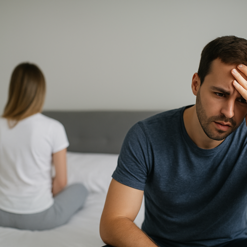 Attēlā redzams satraukts vīrietis, kas sēž uz gultas malas, ar roku pieskaroties pierei, skatoties uz leju. Aiz viņa, uz gultas ar muguru pret kameru, sēž sieviete, kas raugās pretējā virzienā. Attēls pauž emocionālu spriedzi un attiecību krīzes brīdi pāra starpā.