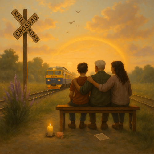 Trīs cilvēki &ndash; bērns, vecāks vīrietis un sieviete &ndash; sēž uz soliņa pie dzelzceļa sliedēm, skatoties uz tuvojo&scaron;os vilcienu saulrietā. Viņi apskāvu&scaron;i cits citu, radot siltuma un vienotības sajūtu. Fonā redzama dzeltenīgi oranža saule, kas riet pie horizonta, un pāri debesīm lido putni. Pie sliedēm atrodas svece, zieds un vēstule &ndash; iespējams, piemiņas simboli. Attēls rada nostalģijas, zaudējuma un cerības noskaņu.