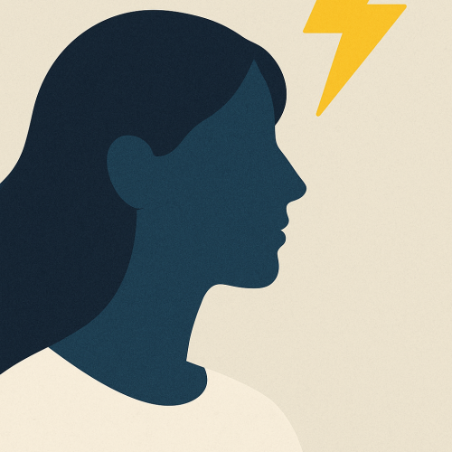 Sievietes profils tum&scaron;i zilā krāsā uz gai&scaron;i brūna fona un lapas labajā pusē dzeltena bulta