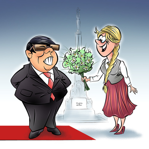 Karikatūra: Tautu meita ar ziediem pie Brīvības pieminekļa sagaida Ķīnas komunistiskās partijas funkcionāru.