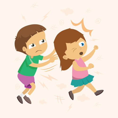 Viens bērns (zēns) uzgrūžas vai pagrūž otru bērnu (meiteni). Meitene izskatās pārsteigta un nobijusies &ndash; viņas seja rāda sāpju vai izbīļa izteiksmi, un viņa mēģina atkāpties vai bēgt. Zēns ir dusmīgs vai frustrēts,