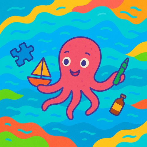 ALT teksts: Krāsaina ilustrācija ar priecīgu, rozā astoņkāji, kas tur zaļu flomāsteru un oranžu burinieku. Apkārt peld zila puzles gabaliņ&scaron; un brūna plastmasas pudele. Fons veidots viļņainās, ko&scaron;ās krāsās &ndash; zilā, oranžā, dzeltenā un zaļā, imitējot ūdeni un spēles prieku.