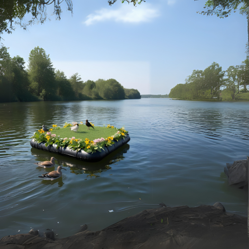 Peldo&scaron;a sala ar ziediem un putniem mierīga ezera centrā