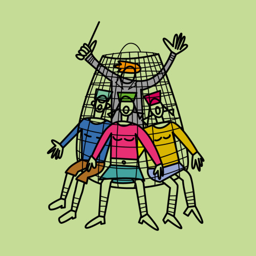 Zimējumā attēlots zvejnieku tīkls kurā atrodas trīs sēdo&scaron;i un dziedo&scaron;i jaunie&scaron;i, un aiz viņiem stāv diriģents kuŗ&scaron; diriģē.