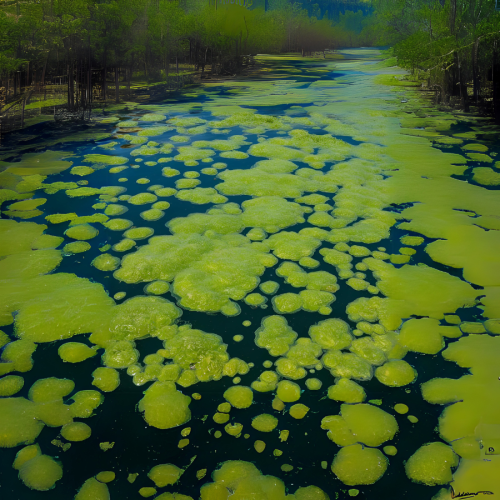Upes virsma, kas klāta ar zilaļģēm