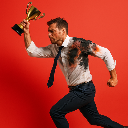 Vīrietis skrie&scaron;anas pozā ar trofeju paceltu virs galvas, krekls daļēji apdedzis un seja izsīkusi. Attēls vizualizē uzvaras skrējienu, kas noved pie izsīkuma.