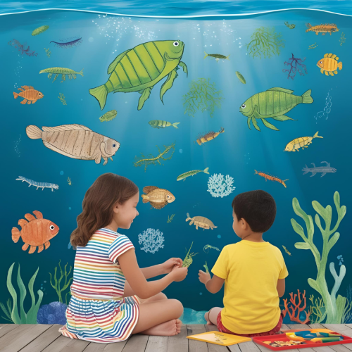 Divi bērni sēž uz grīdas rotaļājas un sarunājas krāsaina akvārija priek&scaron;ā, kurā peld zivis un citi ūdensdzīvnieki.