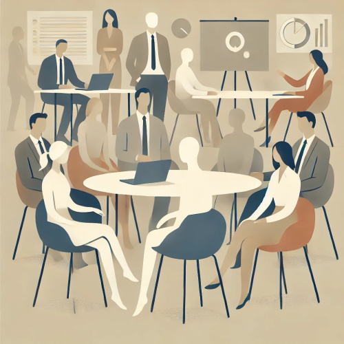 Minimālistiska, mūsdienīga ilustrācija ar cilvēku figūrām, kas sadarbojas biroja vidē un simbolizē atvērtību un līdzdalību.