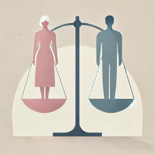 Minimālistiska ilustrācija ar sievietes un vīrie&scaron;a siluetiem pilnā augumā un kontrastējo&scaron;ās krāsās, kas stāv līdzsvarotos svaru kausos un pārstāv dzimumu līdztiesību.