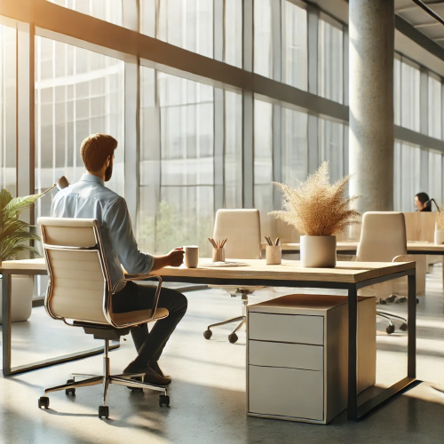 Moderna biroja attēls ar maigu dabisko apgaismojumu, kurā redzams relaksēts darbinieks, kur&scaron; sēž pie rakstāmgalda ar kafijas tasi un augu, kas simbolizē darba vietas labklājību un līdzsvaru.