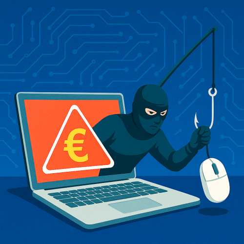 Portatīvais dators uz tā ekrāna trijstūris ar eiro zīmi, no ekrāna ārā nāk melnā tērpies tēls ar mak&scaron;ķeres āķi uz kuras uzāķēta datorpele.