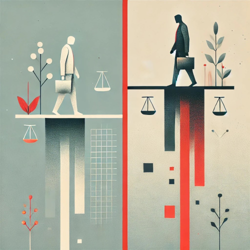 Minimālistiska ilustrācija, kurā parādītas divas kontrastējo&scaron;as abstraktas figūras treknas sarkanās līnijas pretējās pusēs, kas simbolizē plaisu starp taisnīgām un negodīgām algām.