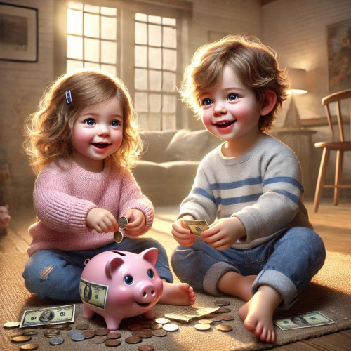 Smaido&scaron;a meitenīte un puisītis spēlējas ar monētām, papīra banknotēm un krājkasīti silti apgaismotā, mājīgā telpā, atspoguļojot prieku un agrīnu finansiālo zinātkāri.